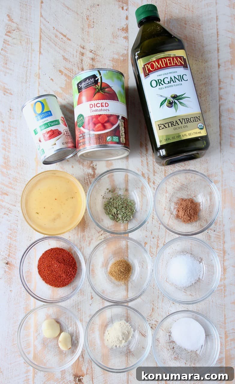 overhead image of red enchilada sauce ingredients