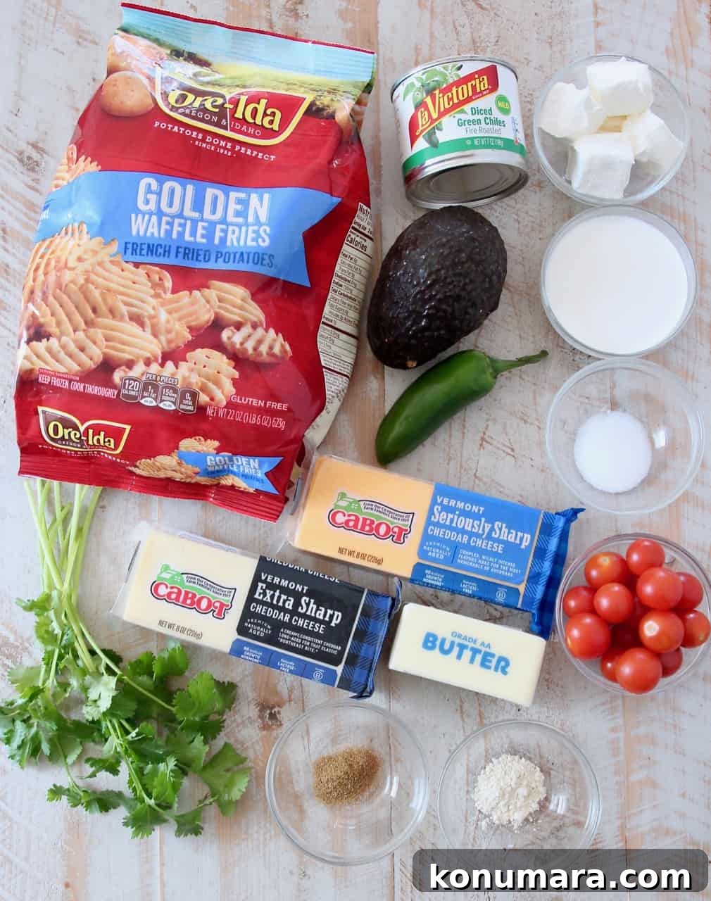 overhead image of ingredients for waffle fry nachos