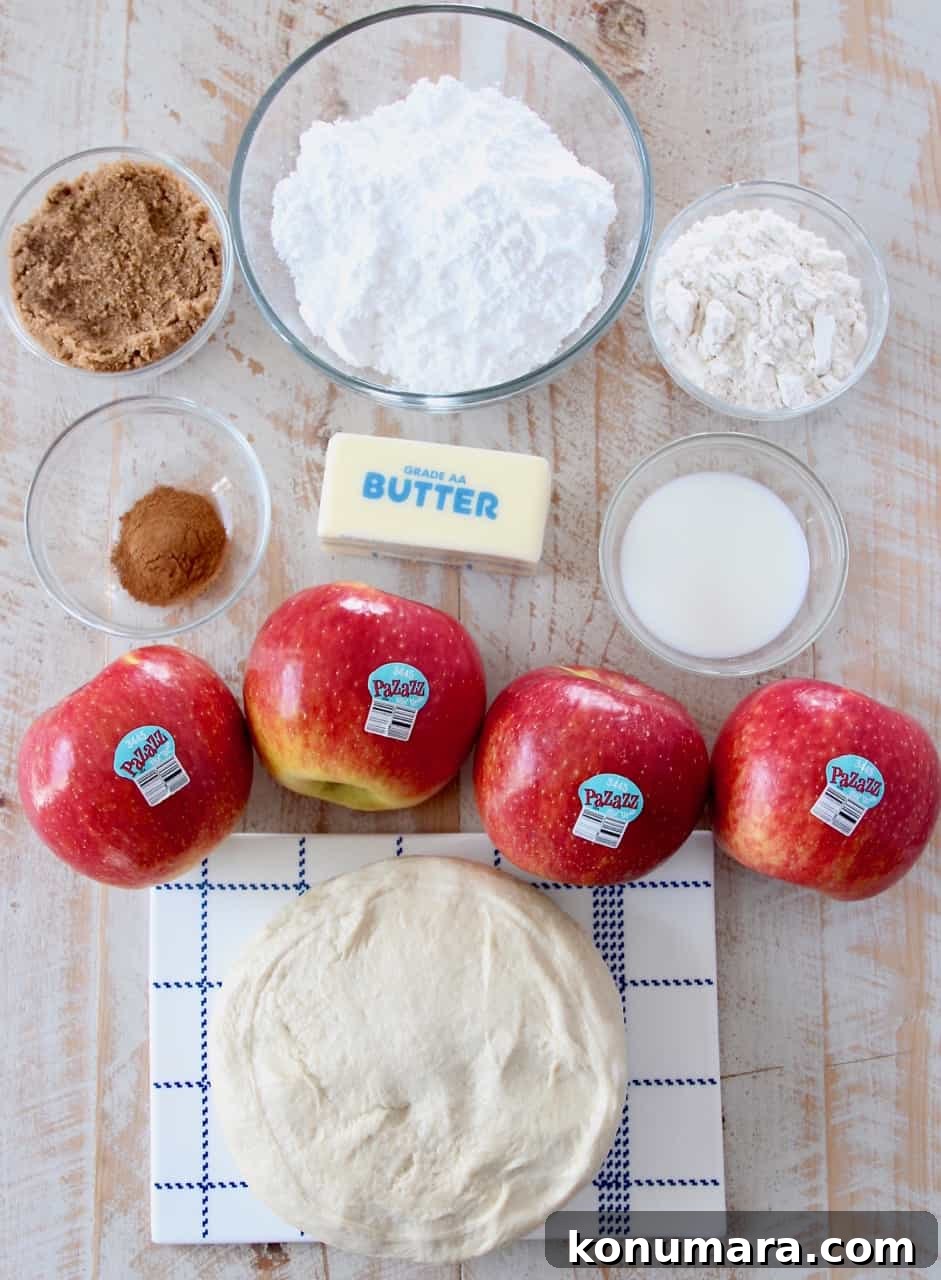 overhead image of ingredients for apple pizza