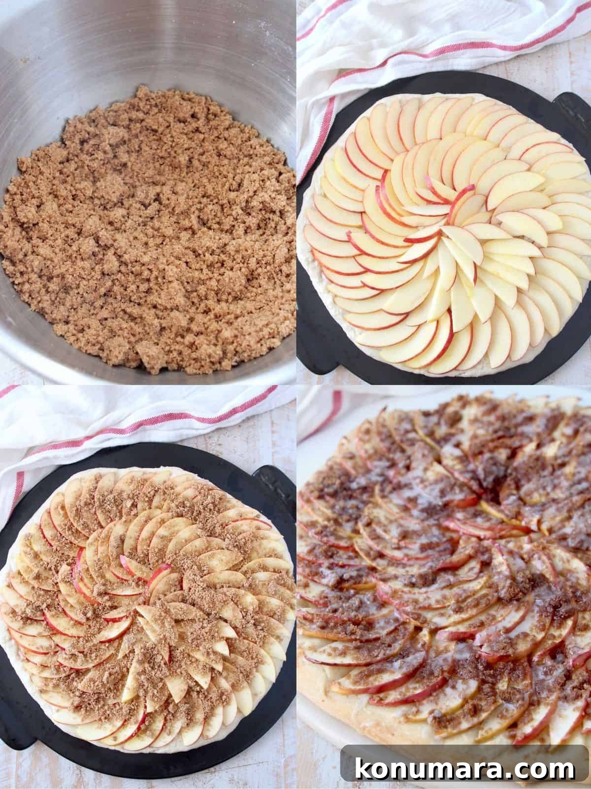 collage of images showing how to make apple dessert pizza