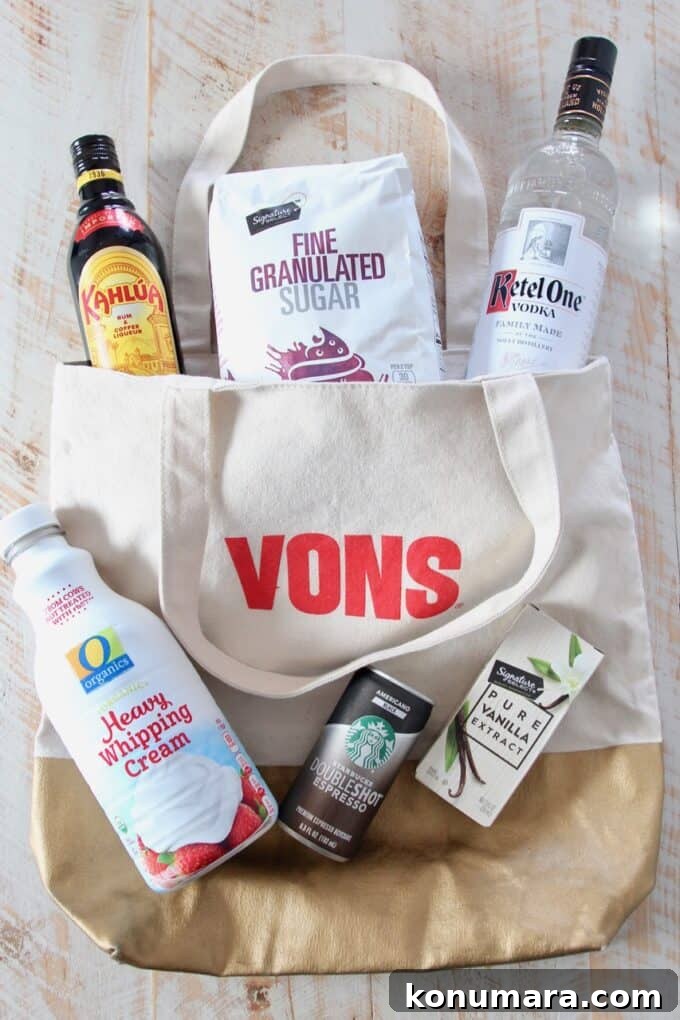 Espresso Martini Topped with Vanilla Whipped Cream 3 overhead image of espresso martini ingredients sitting on vons shopping bag