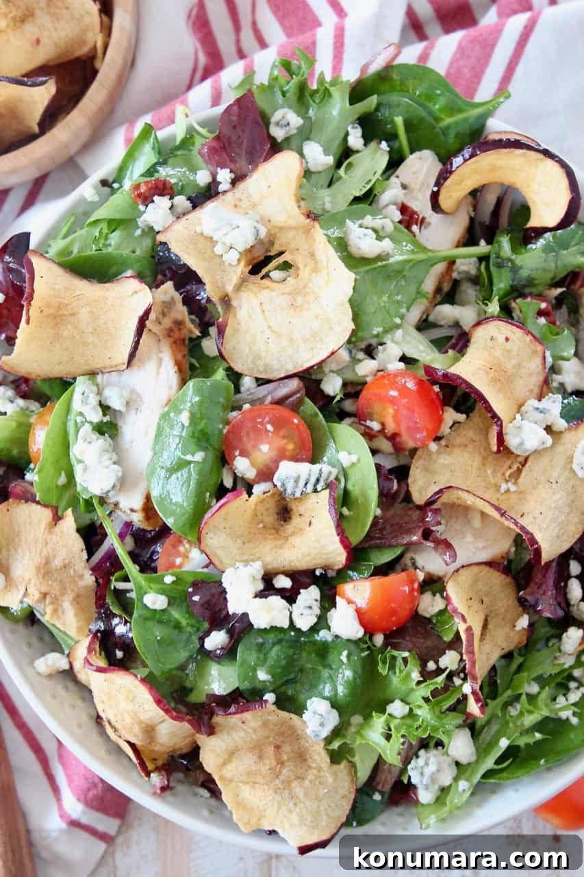 Panera-Style Fuji Apple Chicken Salad Recipe 2 salad in bowl tossed with apple chips and gorgonzola cheese