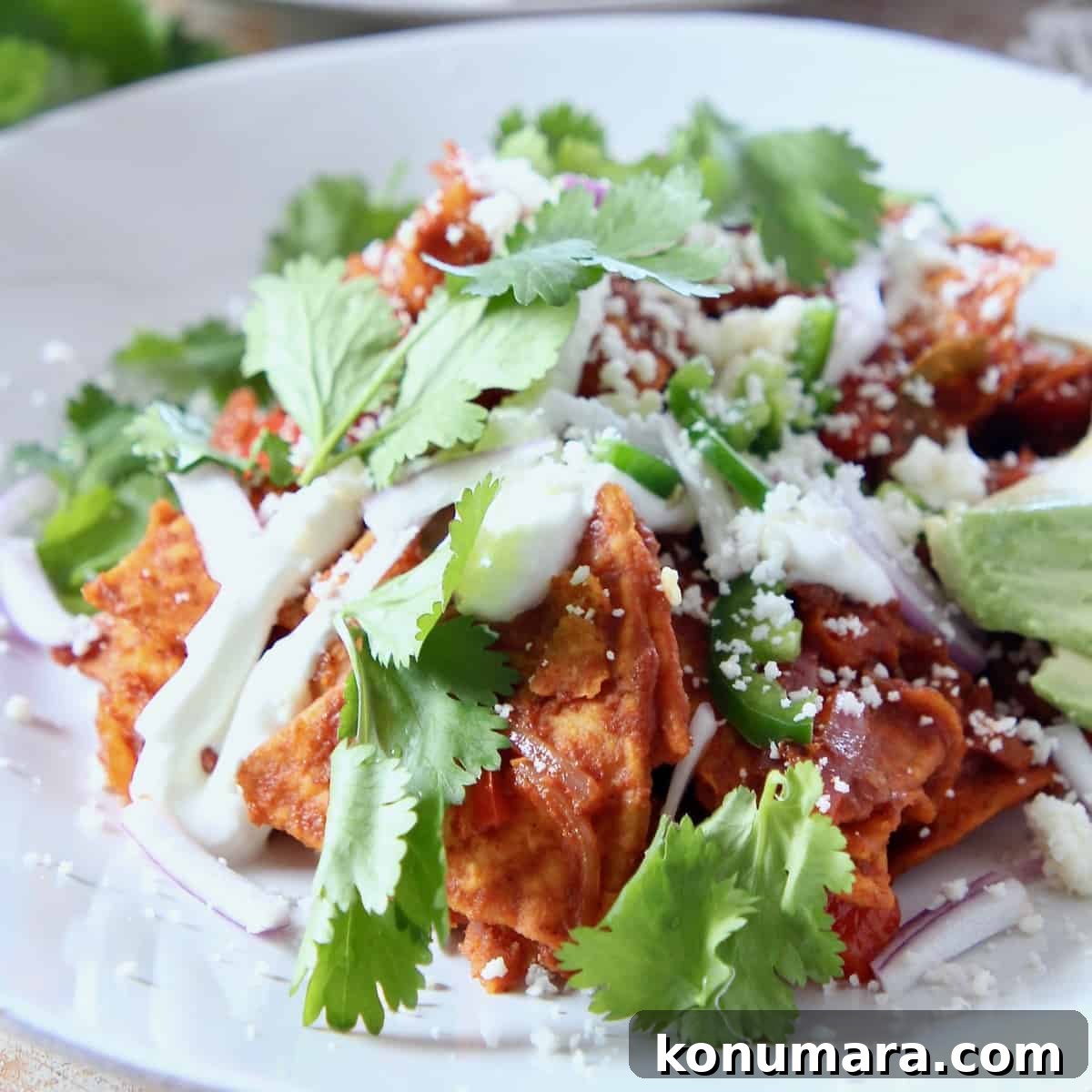 Red Chilaquiles Recipe: Classic Mexican Breakfast 4 chilaquiles on plate topped with cilantro and cheese