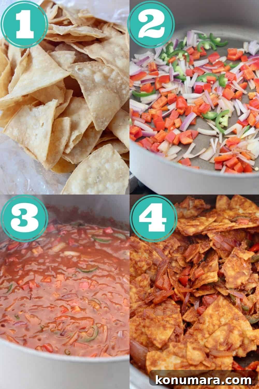 Red Chilaquiles Recipe: Classic Mexican Breakfast 5 collage of images showing how to make chilaquiles rojos