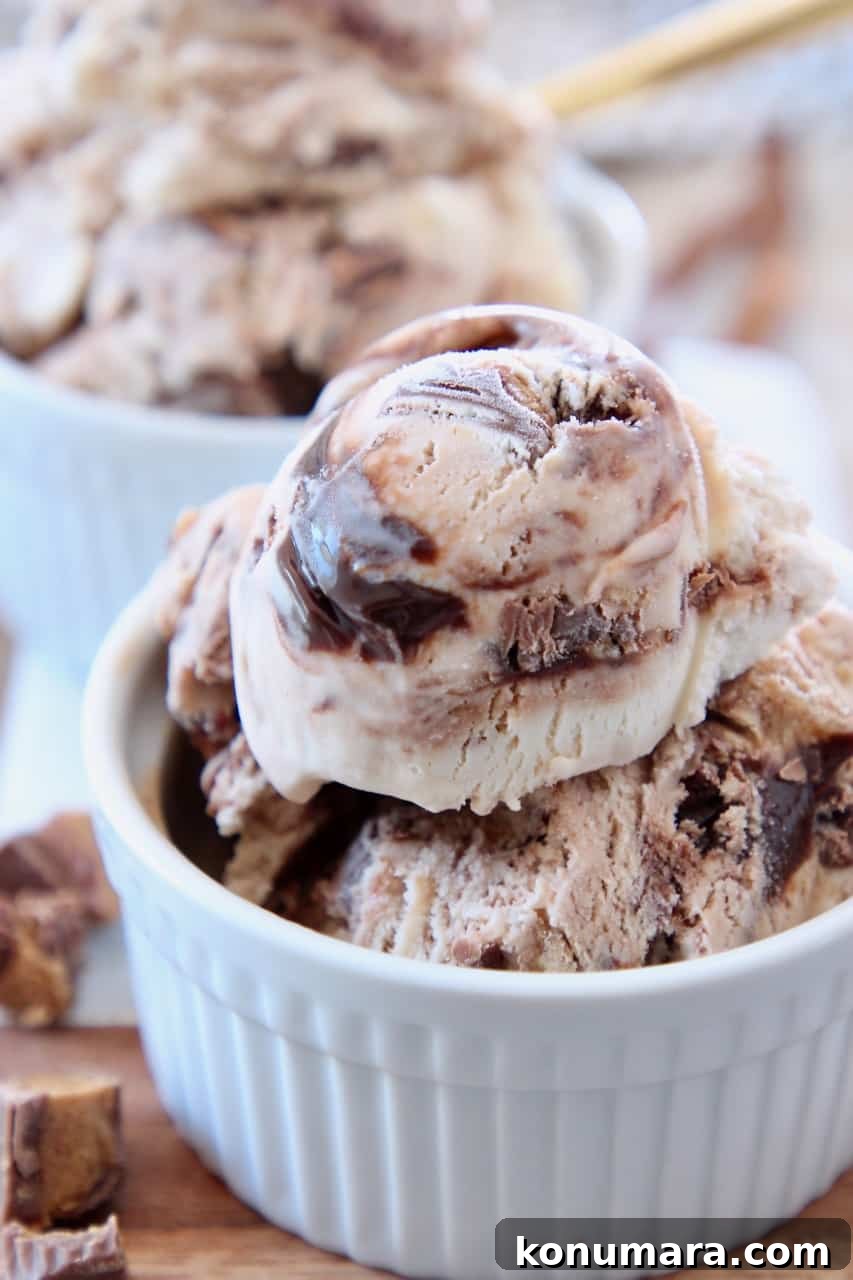 No-Churn Moose Tracks Ice Cream Recipe 2 scoops of moose tracks ice cream in small white bowl