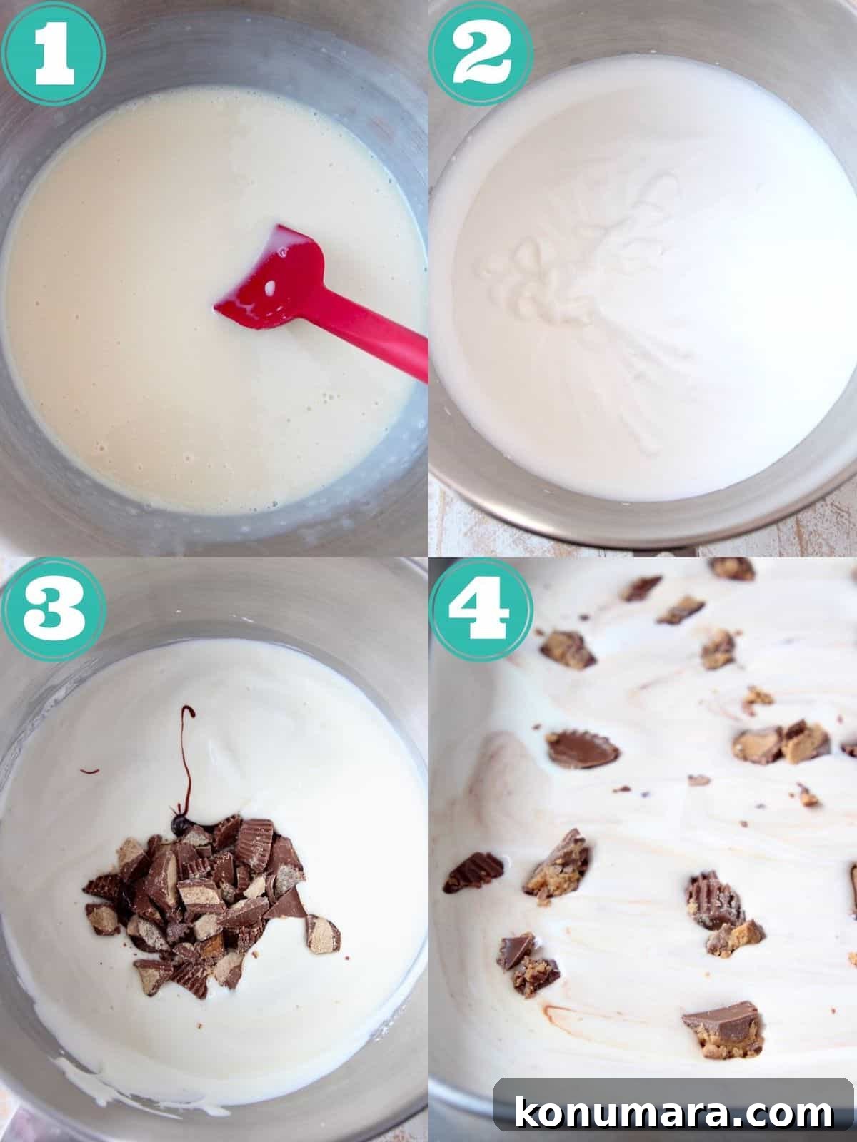 No-Churn Moose Tracks Ice Cream Recipe 4 collage of images showing how to make homemade moose tracks ice cream