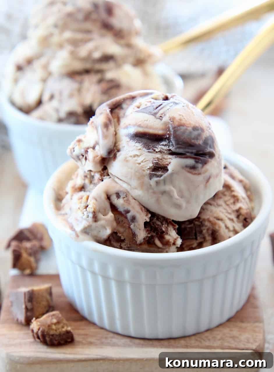 No-Churn Moose Tracks Ice Cream Recipe 5 scoops of moose tracks ice cream in small white bowls with gold spoons