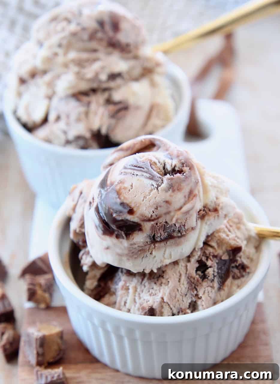 No-Churn Moose Tracks Ice Cream Recipe 6 scoops of ice cream in white bowl with gold spoon