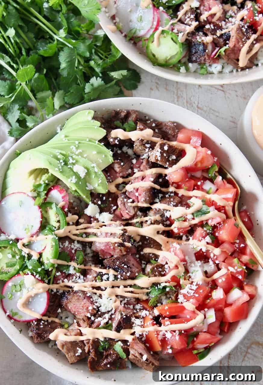 carne asada bowl with chipotle crema drizzle on top