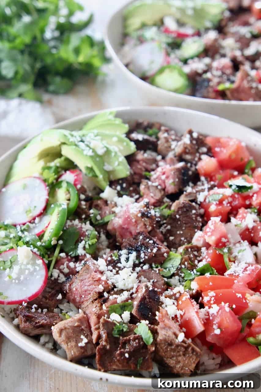 grilled steak in bowl with veggies