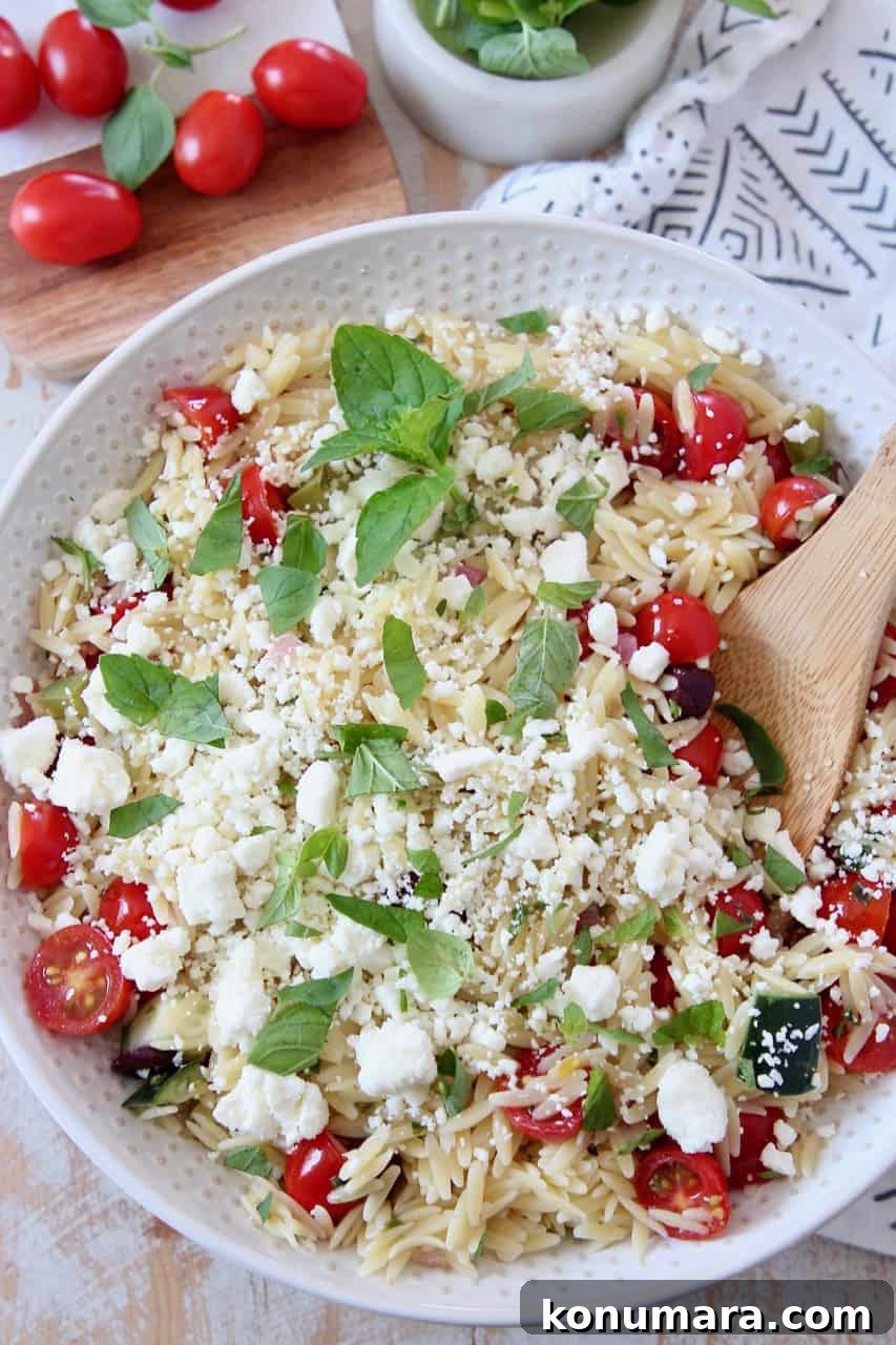 greek orzo salad in bowl with wooden spoon