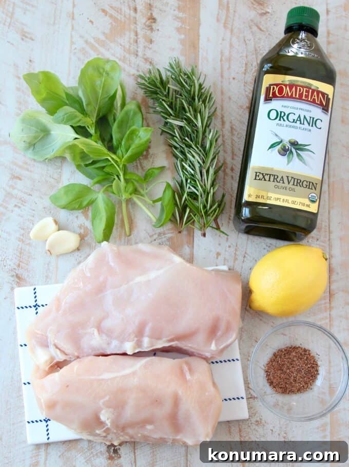 overhead image of ingredients for lemon rosemary chicken breasts