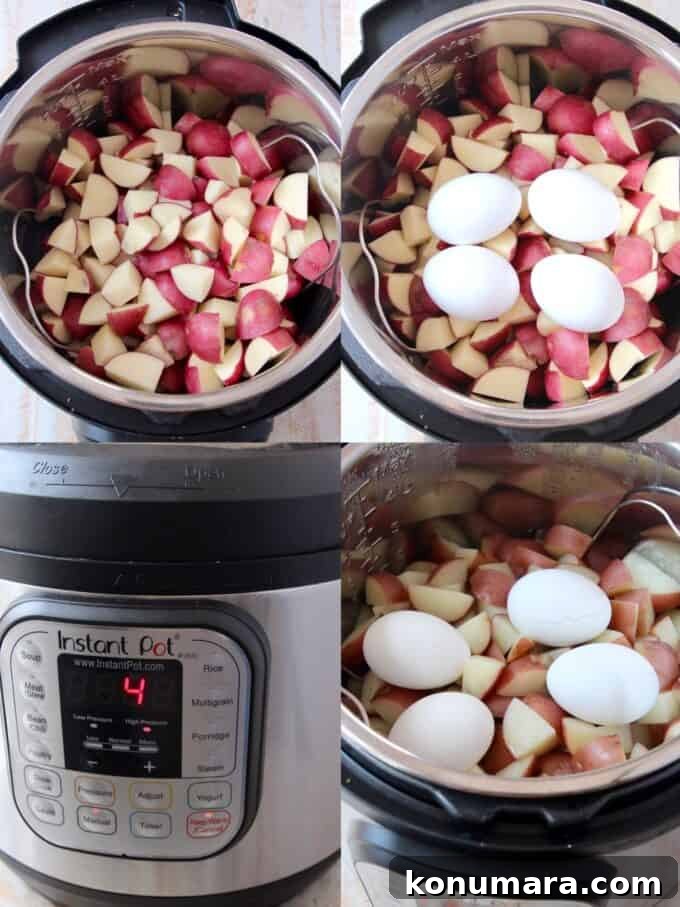 Instant Pot Cheddar Ranch Potato Salad Recipe 4 collage of images showing how to make instant pot potato salad