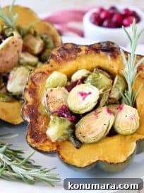 Stuffed Acorn Squash with Cranberries & Brussels Sprouts