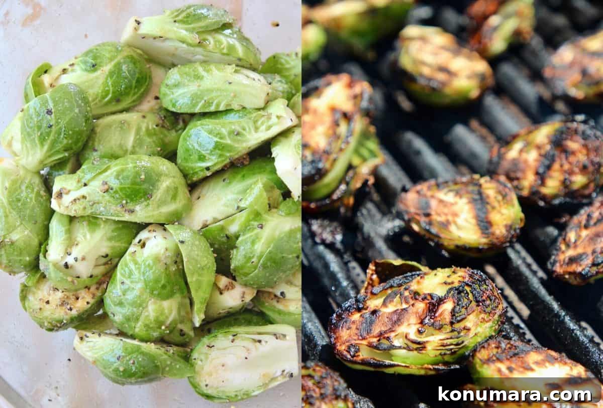 collage of images showing how to make grilled brussels sprouts
