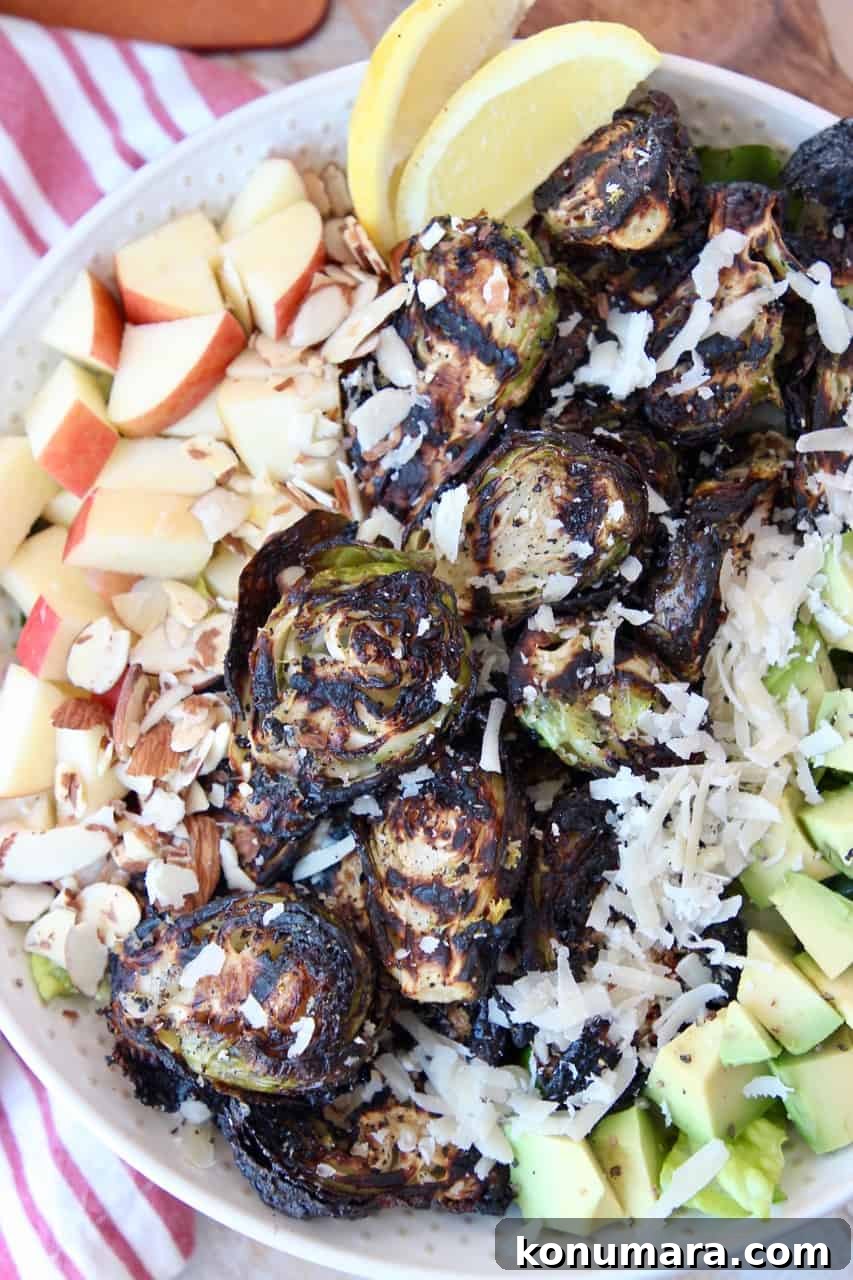 grilled brussels sprouts in bowl with salad