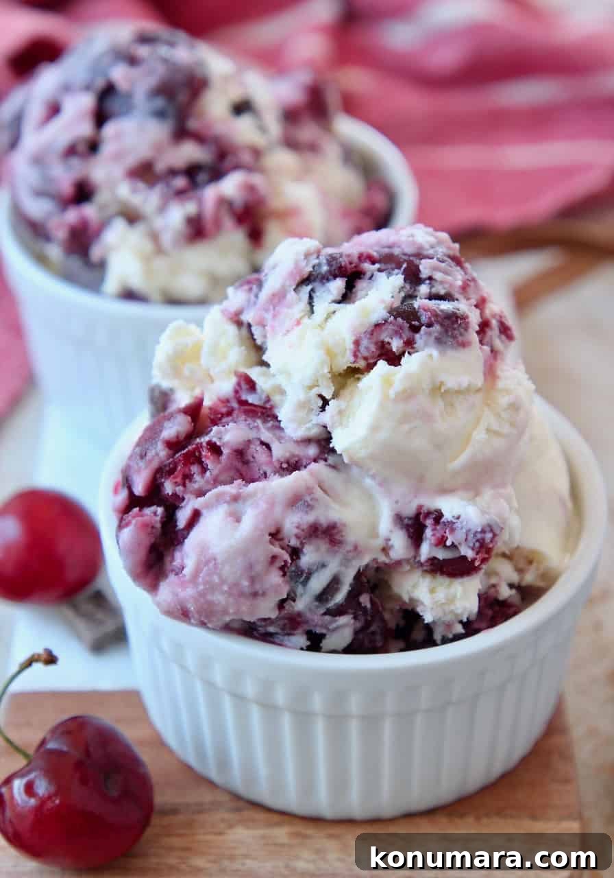 No-Churn Cherry Garcia Ice Cream Recipe 2 scoops of cherry chocolate ice cream in small white bowls