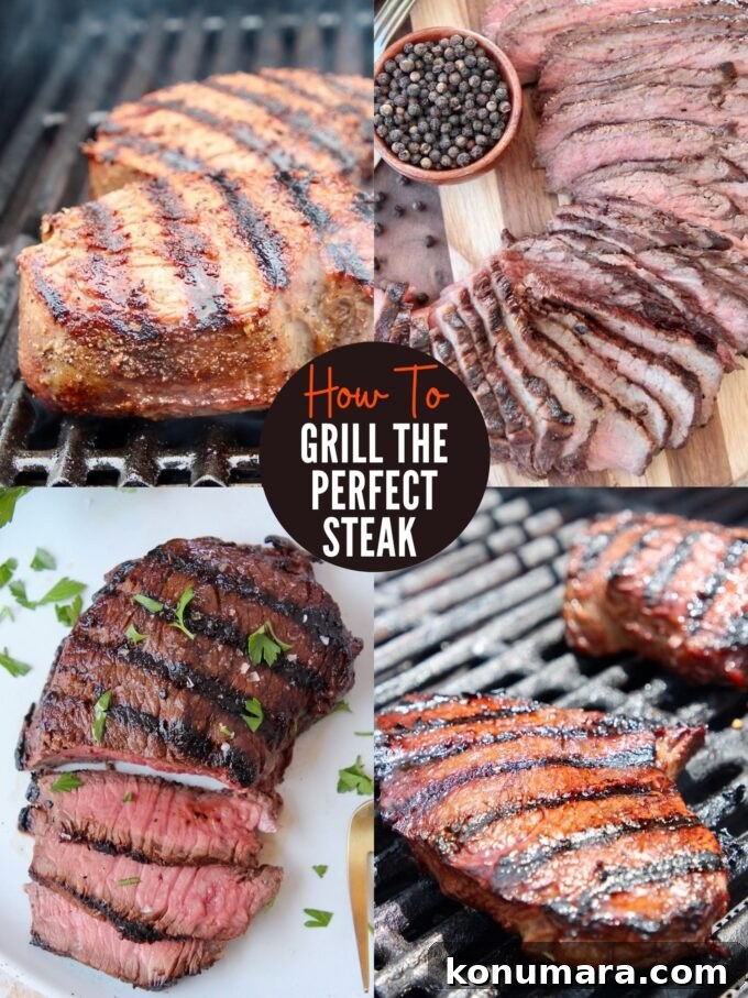 collage of images showing steaks on grill and sliced on plates