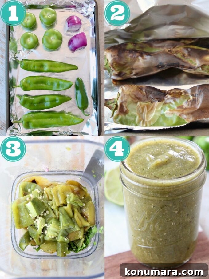 Homemade Green Enchilada Sauce Recipe 4 collage of images showing how to make green enchilada sauce