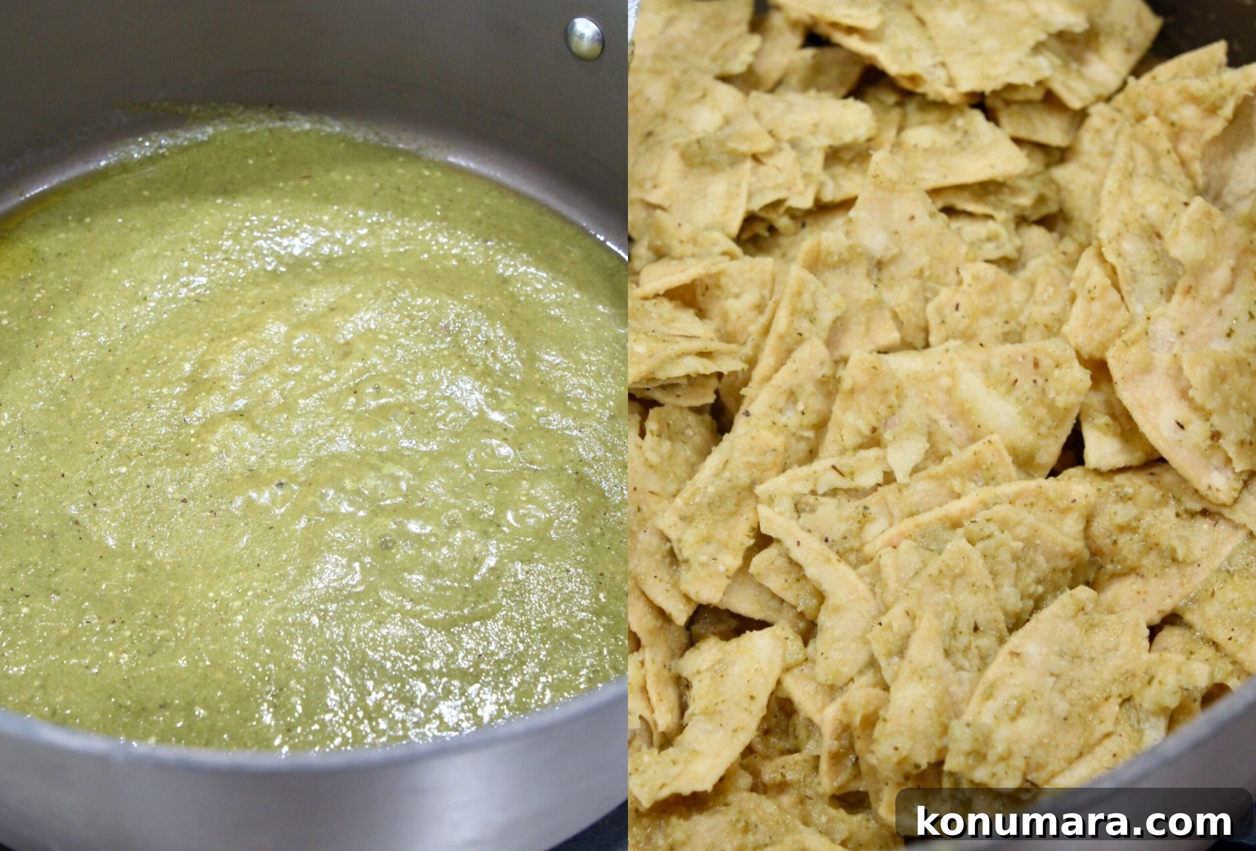 collage of images showing how to make chilaquiles verdes