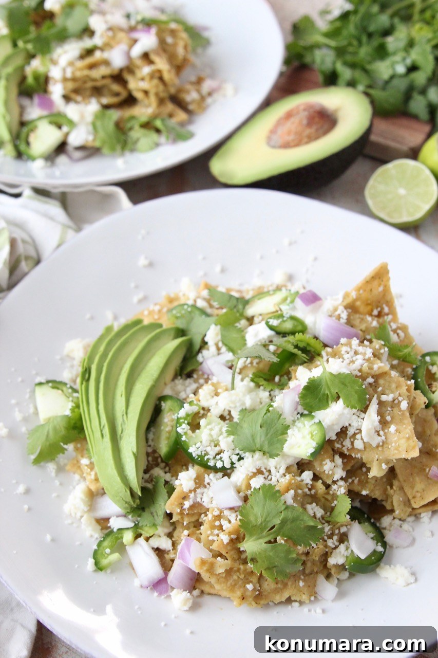 chilaquiles verdes on plate topped with cilantro and cotija cheese