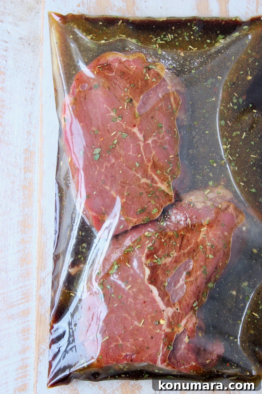 Sirloin Steak Marinade Recipe: Tender, Juicy Flavor 4 sirloin steaks in zipper bag of marinade