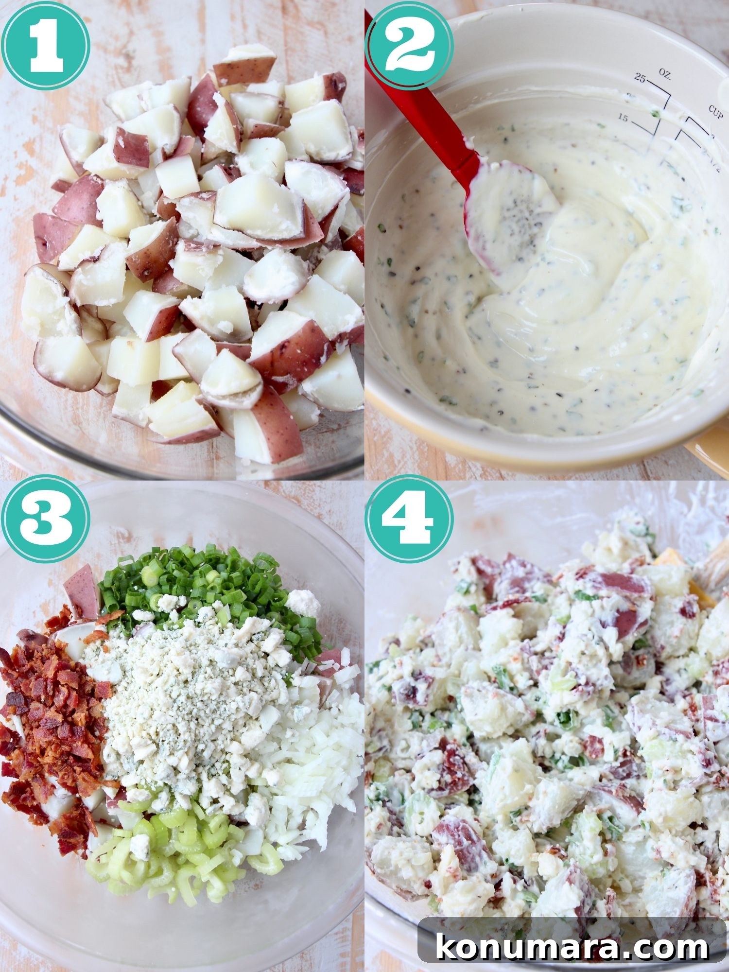 collage of images showing how to make blue cheese potato salad