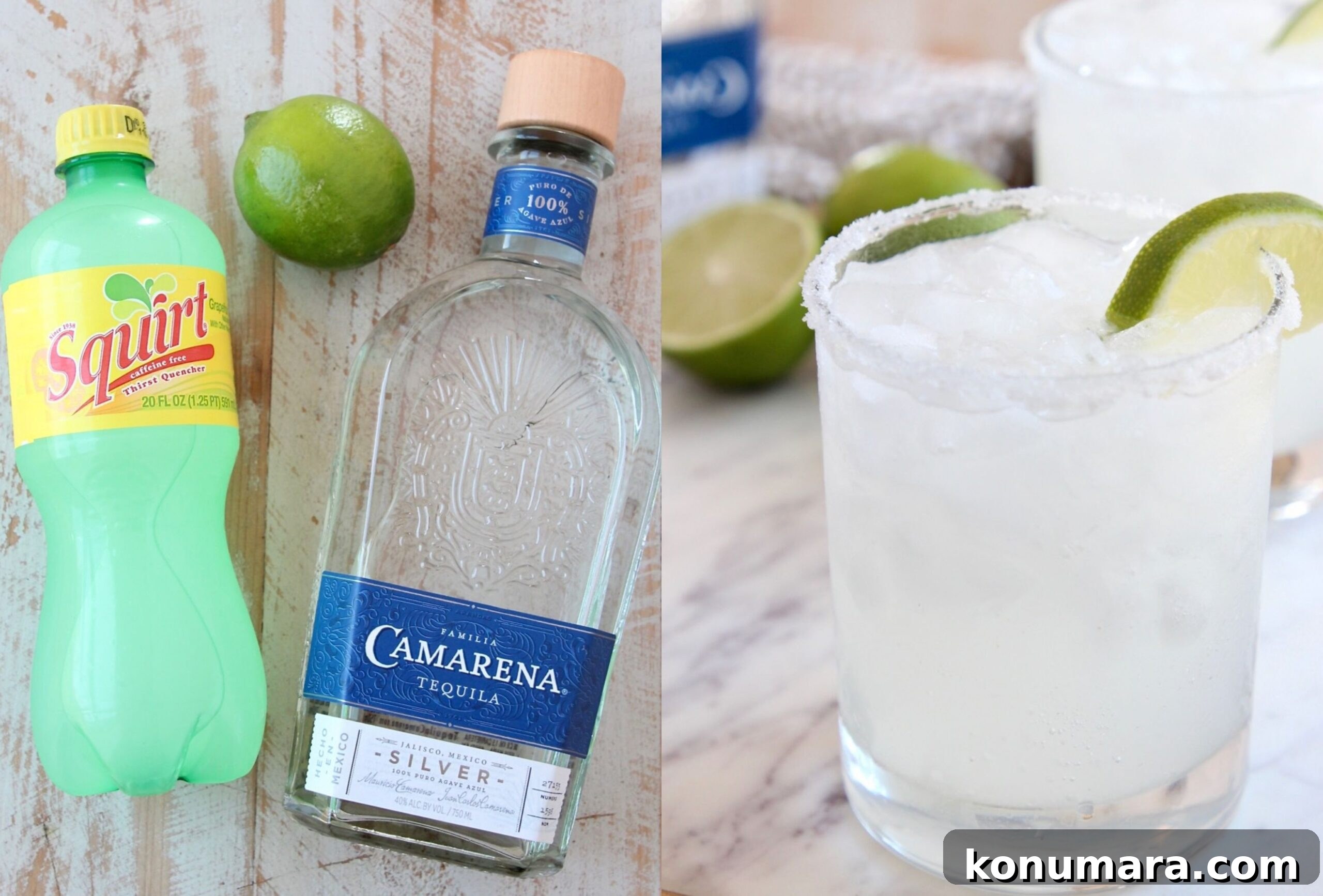 collage of images showing ingredients for palomas and paloma in glass with salt rim