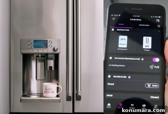 refrigerator next to phone with refrigerator app