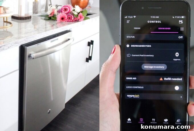 dishwasher in kitchen next to phone displaying dishwasher app