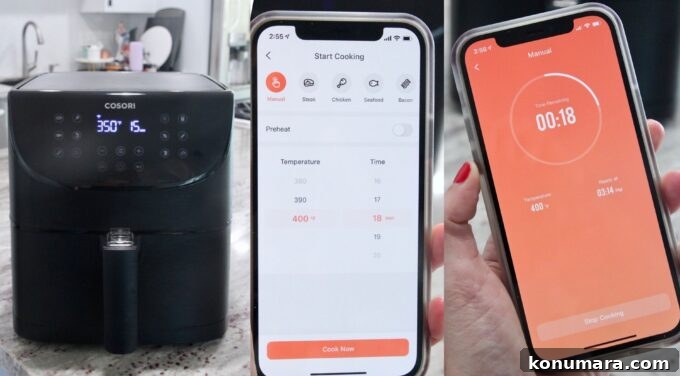 collage of images showing how to use a wifi air fryer