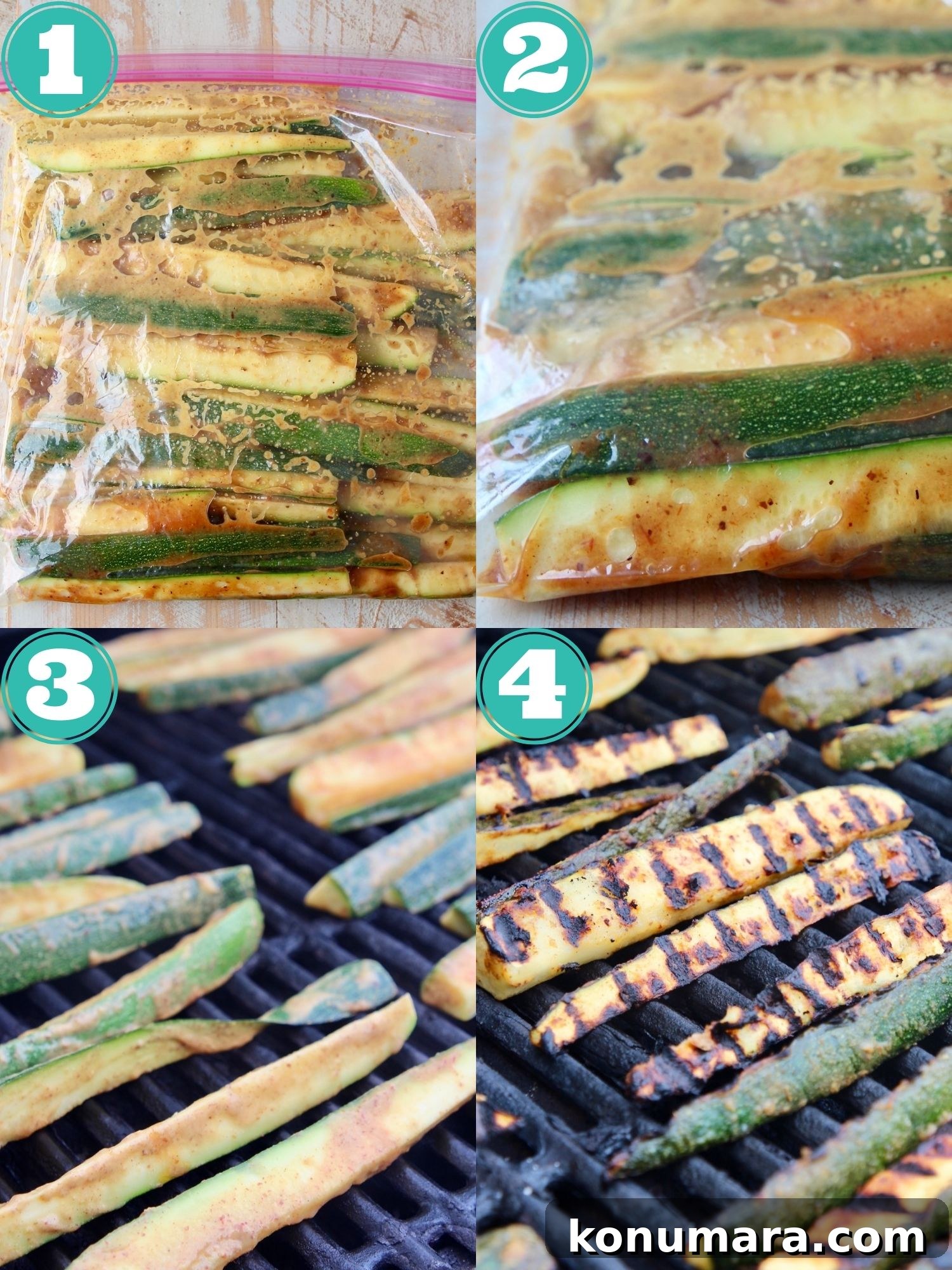 collage of images showing how to marinate and grill zucchini