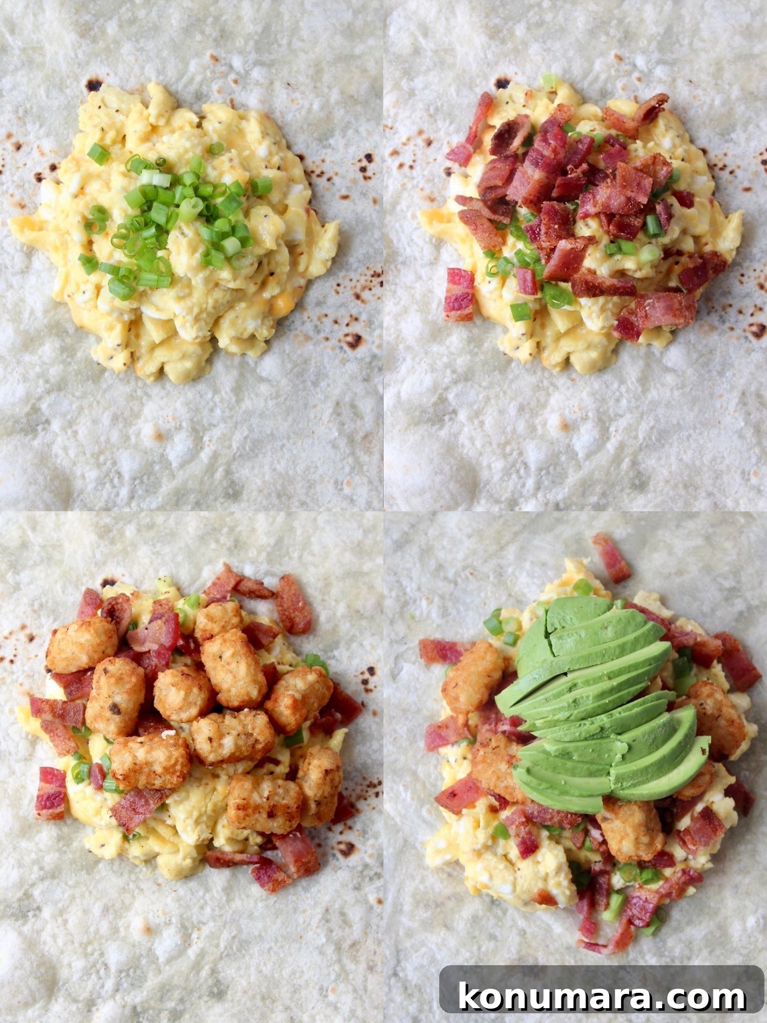 collage of images showing how to make a breakfast burrito