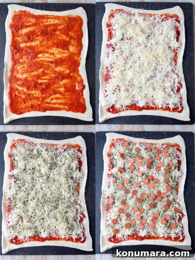 Crispy Homemade Pizza Rolls with Gooey Cheese 4 collage of images showing how to make pizza rolls