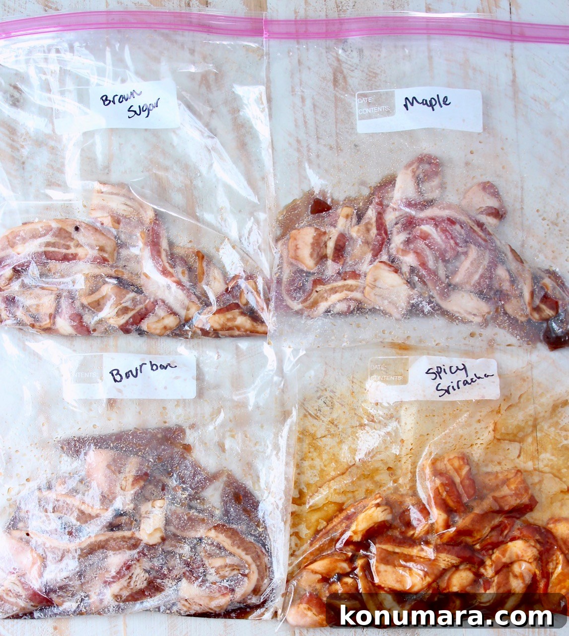 Sweet and Crispy Candied Bacon Recipe 3 uncooked bacon in large zipper bags with sauce, sugar and seasonings