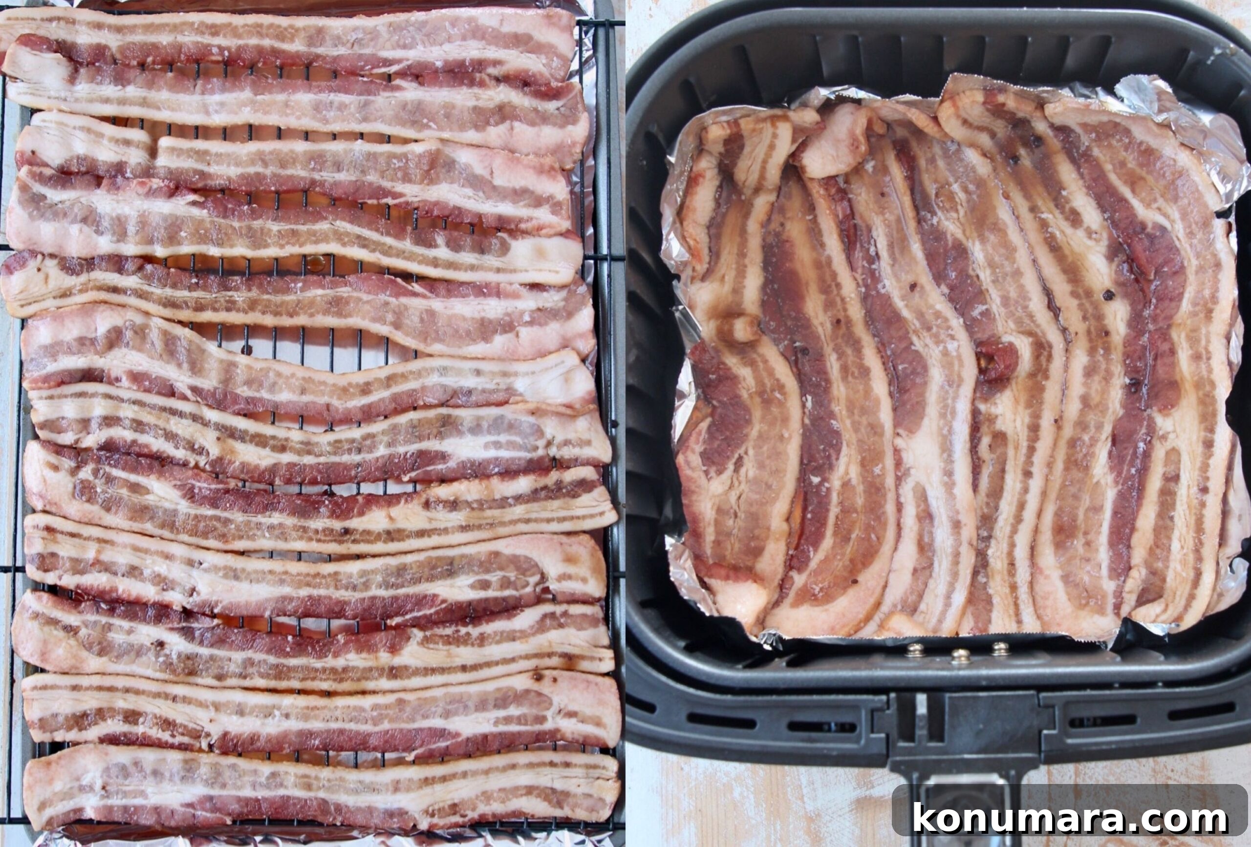 Sweet and Crispy Candied Bacon Recipe 4 uncooked bacon on baking sheet and in air fryer