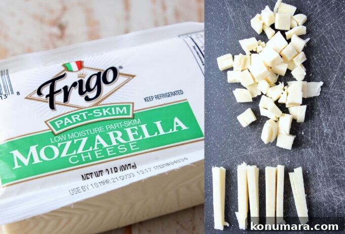Kurt's Signature Crispy Pan Pizza Recipe 5 mozzarella cheese in package and cut into cubes on cutting board