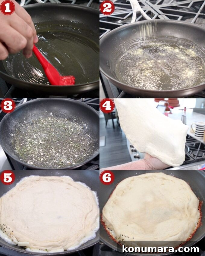 Kurt's Signature Crispy Pan Pizza Recipe 6 collage of images showing how to make seasoned pan pizza