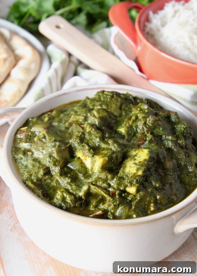 palak paneer in white serving bowl