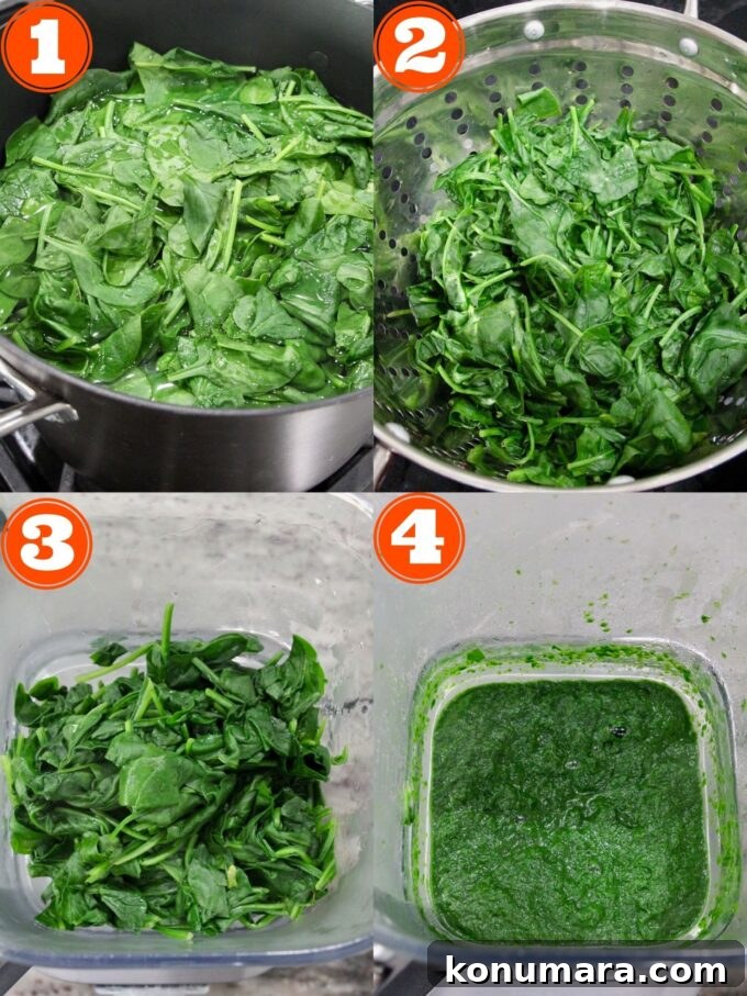collage of images showing how to make cooked, pureed spinach