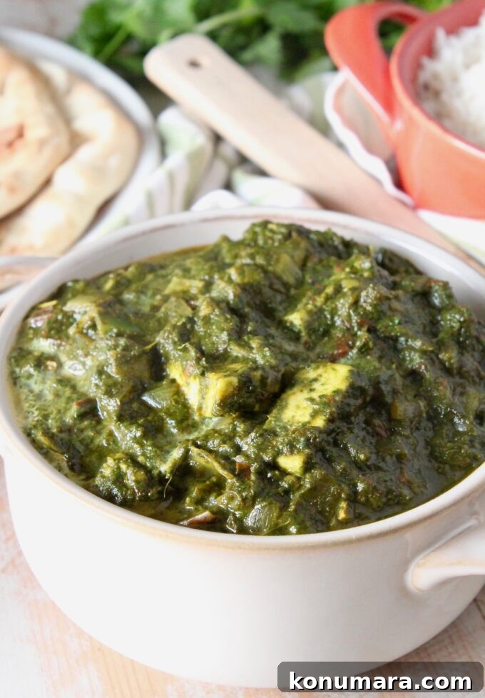 palak paneer in white serving bowl