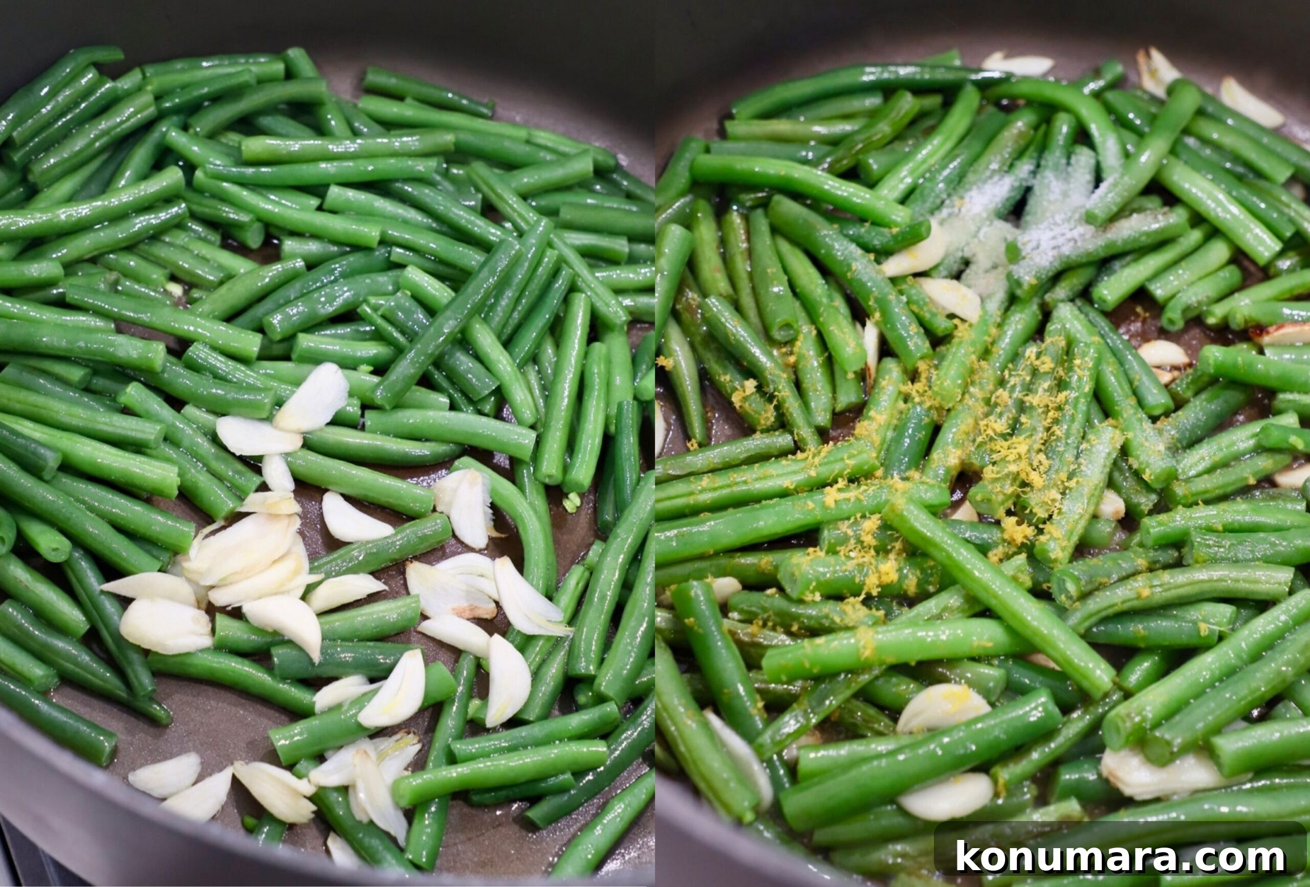 Sauteed Garlic Lemon Green Beans 4 two images with green beans in skillet