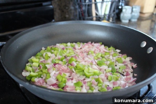 Pumpkin Chili Recipe with Black Beans 4 Diced bell peppers and onions in a skillet