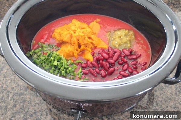 Pumpkin Chili Recipe with Black Beans 6 Pumpkin puree, vegetables, beans and tomato sauce in slow cooker