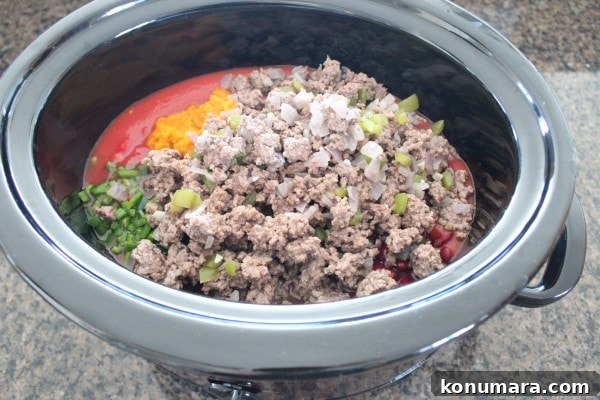 Pumpkin Chili Recipe with Black Beans 7 Ground beef with vegetables and tomato sauce in slow cooker