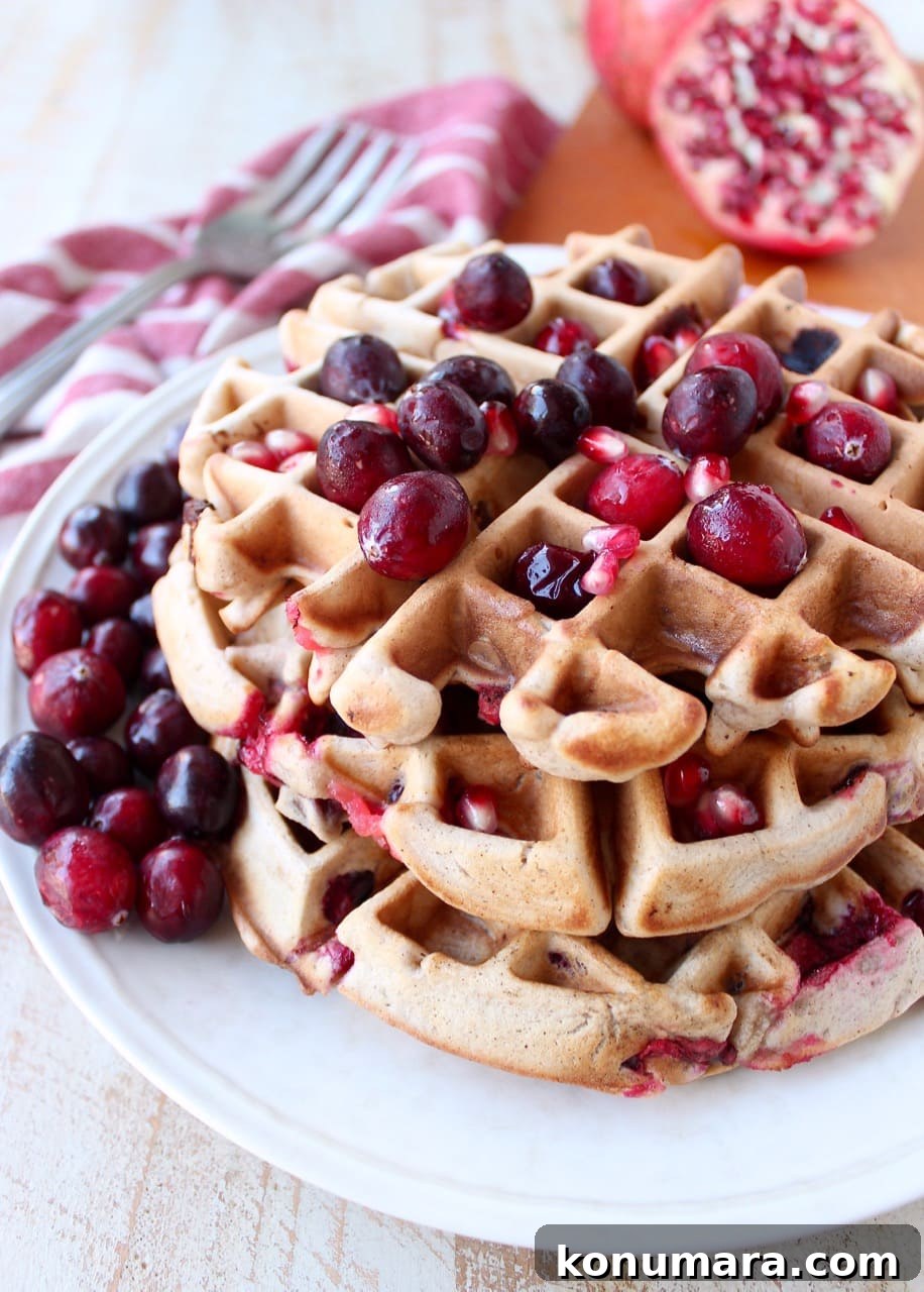 Fresh cranberries & pomegranates add a delicious burst of tartness & sweetness to this easy waffles recipe, perfect for fall breakfast or holiday brunch!