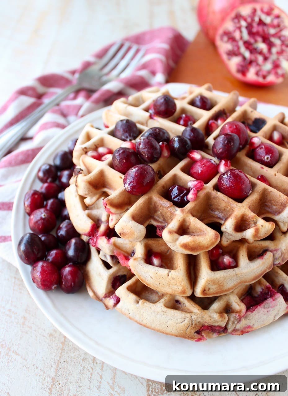 Fresh cranberries & pomegranates add a delicious burst of tartness & sweetness to this easy waffles recipe, perfect for fall breakfast or holiday brunch!