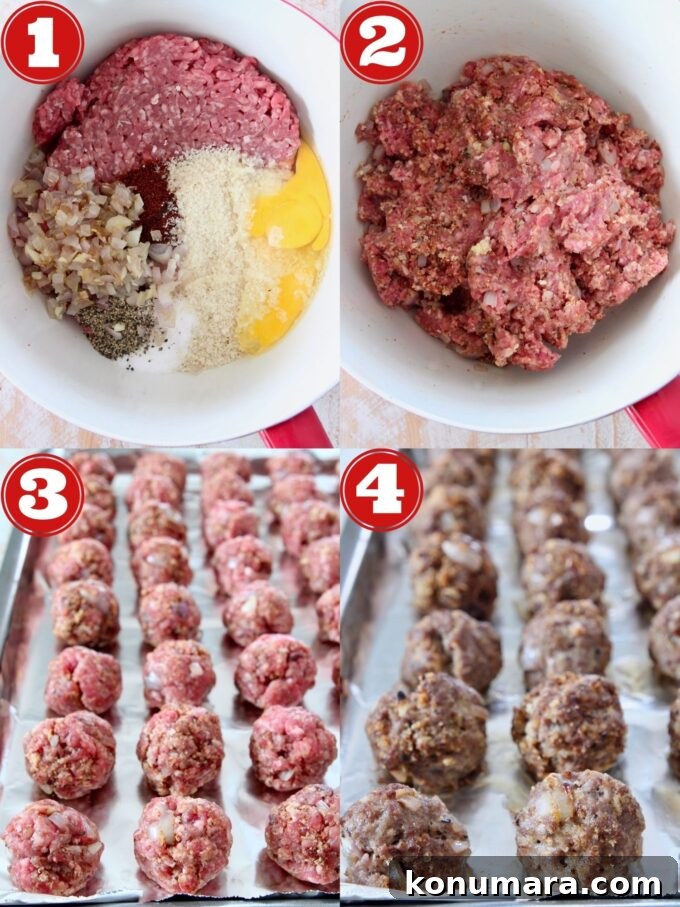 collage of images showing how to make baked beef meatballs