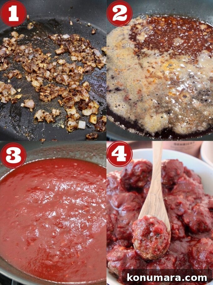 collage of images showing how to prepare bbq sauce for meatballs