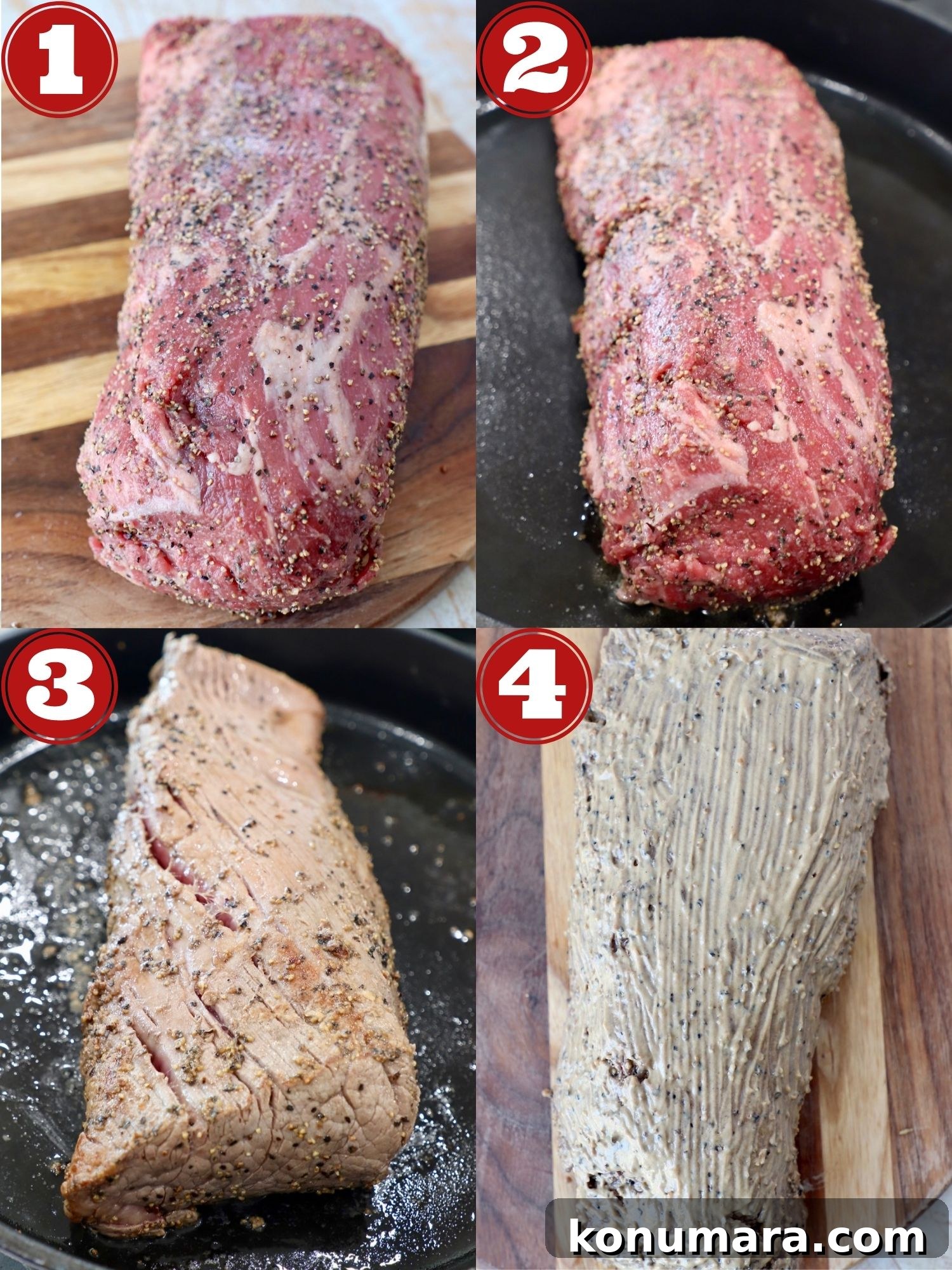 How to Make Classic Beef Wellington with Mushroom Duxelles 4 collage of images showing how to sear beef tenderloin